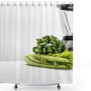 Personality  Green Fresh Spinach Leaves Near Organic Celery And Blender On White  Shower Curtains