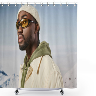 Personality  Handsome African American Man In White Beanie Hat And Sunglasses Looking At Camera, Winter Fashion Shower Curtains