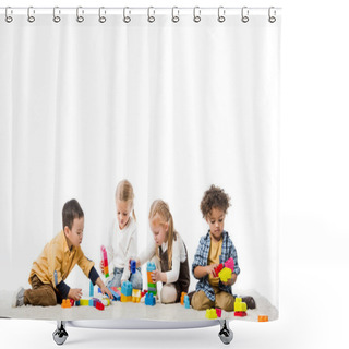Personality  Multicultural Children Playing With Wooden Blocks On Carpet, Isolated On White Shower Curtains