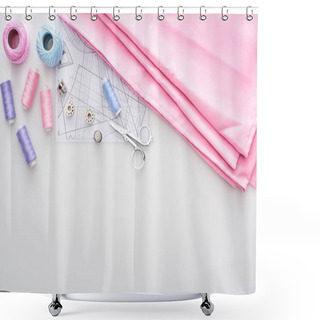 Personality  Top View Of Fabric, Knitting Yarn Balls, Sewing Pattern, Scissors, Thimbles, Bobbins And Threads On White Background  Shower Curtains