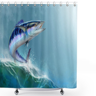 Personality  Spanish Mackerel Wahoo Dark Blue Fish Big Fish On White Realistic Illustration. Oceanic Big Mackerel Green Predatory Fish With Open Mouth On A Background Of Waves Horizontal Format. Shower Curtains