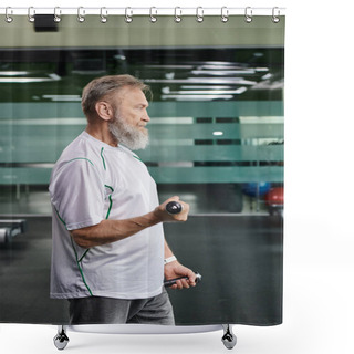 Personality  Side View Of Bearded Elderly Man Exercising With Dumbbells In Gym, Active Senior, Fitness Routine Shower Curtains