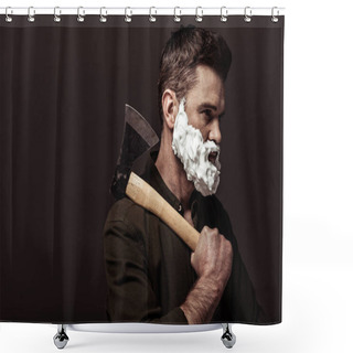 Personality  Handsome Bearded Man With Shaving Foam On Face Holding Ax Isolated On Brown Shower Curtains