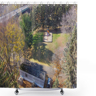 Personality  Aerial View Linden Avenue Highway And Mobile Home Trailer Park With Beautiful Autumn Leaves In Rochester, Upstate New York, USA. Prefabricated Modular House Suburban Residential Neighborhood Shower Curtains