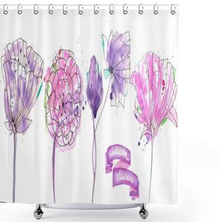 Personality  Collection, Set With Isolated Watercolor Pink And Purple Abstract Flowers On A White Background Shower Curtains