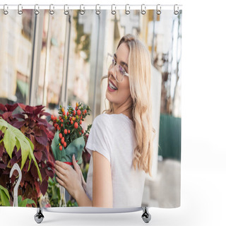 Personality  Smiling Attractive Florist Holding Potted Plant Near Flower Shop Shower Curtains
