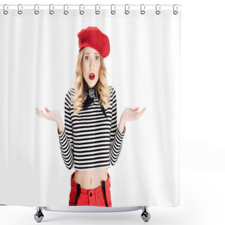 Personality  Attractive Woman In Red Beret Showing Shrug Gesture Isolated On White  Shower Curtains