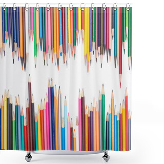 Personality  Two Lines Of Different Sizes Color Pencils Isolated On White Shower Curtains