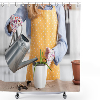 Personality  Cropped View Of Woman In Gardening Gloves Watering Aloe Near Table In Kitchen Shower Curtains