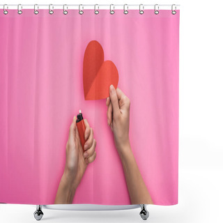 Personality  Cropped View Of Woman Lighting Up Empty Red Paper Heart With Lighter Isolated On Pink Shower Curtains