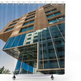 Personality  Low Angle View Of Beautiful Contemporary Building Against Blue Sky At Barcode District, Oslo  Shower Curtains