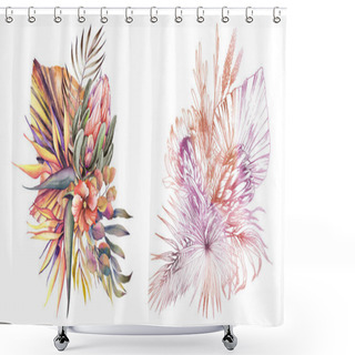 Personality  Tropical Bouquets With Exotic Protea Flowers, Strelitzia, Hibiscus And Palm Leaves. Shower Curtains