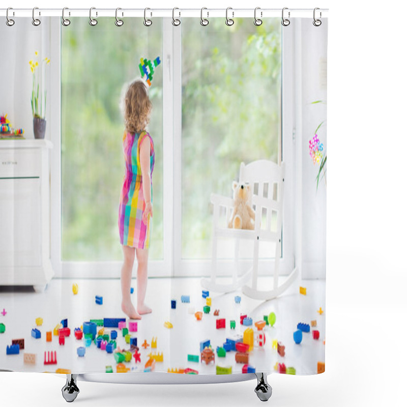 Personality  Toddler girl playing with colorful blocks shower curtains