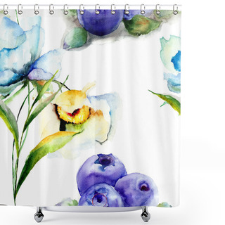 Personality  Seamless Pattern With Summer Flowers And Blueberries Shower Curtains