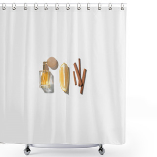 Personality  Composition With Bottle Of Elegant Perfume And Ingredients On White Background Shower Curtains
