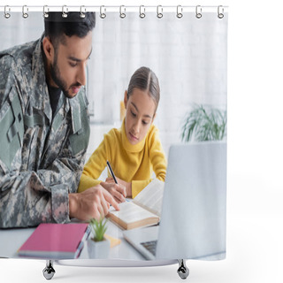 Personality  Father In Military Uniform Pointing At Book Near Daughter And Laptop At Home  Shower Curtains