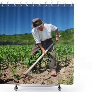 Personality  Old Man Weeding The Corn Field Shower Curtains