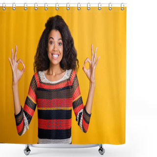 Personality  Close-up Portrait Of Nice Attractive Girlish Cheerful Cheery Wavy-haired Girl In Knitted Sweater Showing Double Ok-sign Isolated On Bright Vivid Shine Vibrant Yellow Color Background Shower Curtains