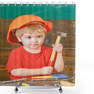 Personality  Closeup Kid In Orange Helmet Holding Hammer In His Hands. Crafts Lesson At Kindergarten. Portrait Of Little Boy In Workshop Shower Curtains