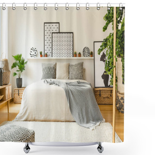 Personality  Warm Bedroom Interior With A Comfy Bed, Patterned Blanket And Pillows, Plants And Modern Graphics Shower Curtains