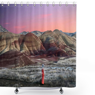 Personality  Vacation Travel In Oregon. Woman Enjoying The View Of Beautiful Painted Hills At Sunset. John Day Fossil Beds National Monument Bend. Or. United States Of America Shower Curtains