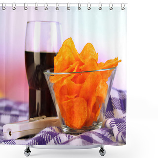 Personality  Chips In Bowl, Cola And TV Remote On Plaid On Bright Background Shower Curtains