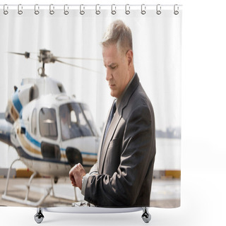 Personality  Businessman Waiting At Helicopter Pad Shower Curtains