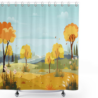 Personality  Panorama Landscapes Of Countryside In Autumn,Mid Autumn With Farm Field, Mountains, Wild Grass And Leaves Falling From Trees With Blue Sky And Yellow Foliage.Fall Season With Copy Space For Banner Shower Curtains