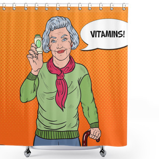 Personality  Pop Art Senior Happy Woman With Pills. Health Care. Vector Illustration Shower Curtains