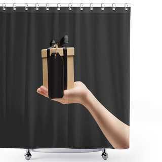 Personality  Cropped View Of Woman Holding Gift Box With Black Blank Label In Hand Isolated On Black Shower Curtains
