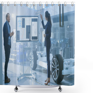 Personality  Male And Female Design Engineers Are Working And Discuss Electric Car Benefits On An Interactive Whiteboard Next To An Electric Car Chassis Prototype. High Tech Laboratory Facility With Vehicle Frame. Shower Curtains