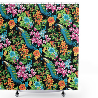 Personality  Seamless Tropical Pattern With Peacocks And Flowers. Shower Curtains