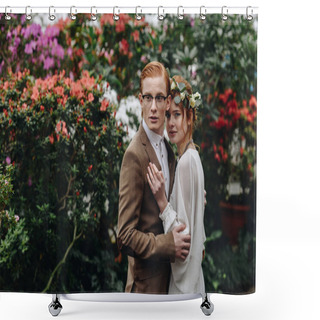 Personality  Beautiful Young Elegant Wedding Couple Standing Together Between Flowers Shower Curtains