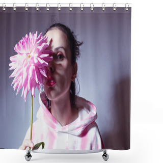 Personality  Woman In A Pink Hoodie Holding A Pink Flower Shower Curtains