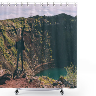 Personality  Back View Of Girl Standing With Raised Hands And Looking At Beautiful Crater Lake In Iceland Shower Curtains