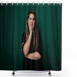 Personality  A Woman With Long Dreadlocks Covering Her Mouth, Creating A Secretive And Mysterious Appearance. Her Face Is Partially Hidden By The Tangled Hair, Adding An Element Of Intrigue To The Image. Shower Curtains
