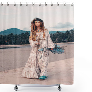 Personality  Fashion Boho Woman At Natural Tropical Background Shower Curtains