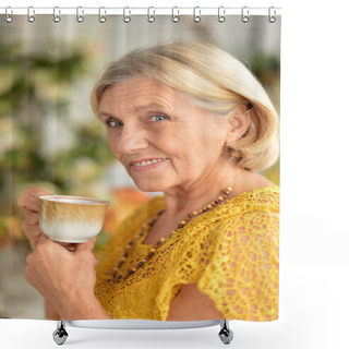 Personality  Nice Elderly Woman Drinking Tea Shower Curtains