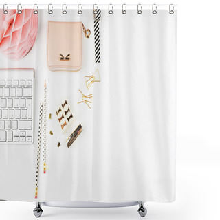 Personality  Table View Office Items, White Background Mock Up, Woman Desk. Flat Lay. Shower Curtains