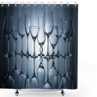 Personality  Silhouettes Of Different Empty Glasses With Reflections, On Grey Shower Curtains