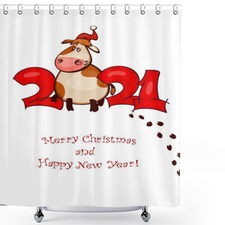 Personality   Happy New Year Card Design With Cute Little Cartoon Cattle With Cows And Bulls Celebrating The 2021chinese Astrological Calendar ,vector Illustration Shower Curtains