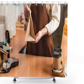 Personality  Cropped View Of Barista In Brown Apron With Paper Bag And Coffee To Go Shower Curtains