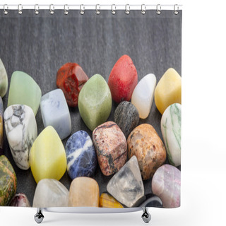Personality  Polished, Semiprecious, Colorful Gemstones Against Gray Slate Stone With A Copy Space Shower Curtains