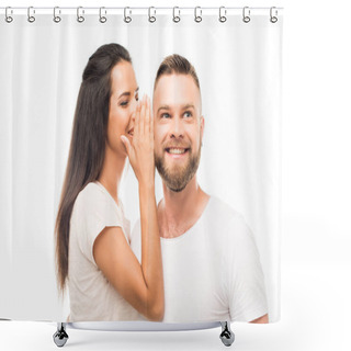 Personality  Young Woman Whispering To Boyfriends Ear Shower Curtains