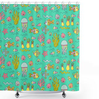 Personality  Underwater Creatures Doodles Seamless Vector Pattern Shower Curtains