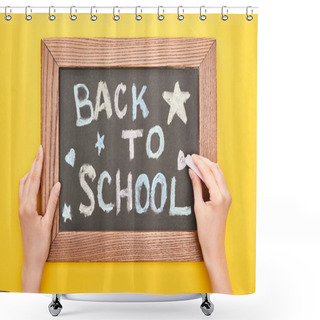 Personality  Partial View Of Schoolgirl Writing With Chalk Back To School Text On Blackboard Shower Curtains