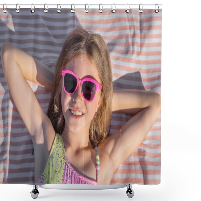 Personality  Portrait Of A Happy Child On A Beach Towel With Glasses. Top View. Shower Curtains