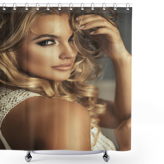 Personality  Portrait Of Beautiful Sensual Blonde Woman With Long Curly Hair. Beauty Photo. Shower Curtains