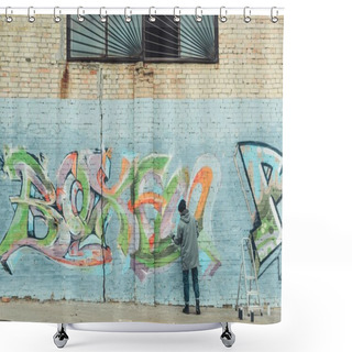 Personality  Back View Of Man Painting Colorful Graffiti On Wall Shower Curtains