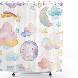 Personality  Watercolor Gentle Rainbow Seamless Pattern With Sky Clouds, Smiling Moon And Stars On White Background Shower Curtains